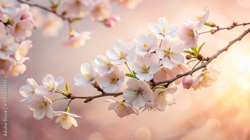 Delicate Cherry Blossom Branch in Soft Sunlight Background Delicate Cherry Blossom Branch in Soft Sunlight Background