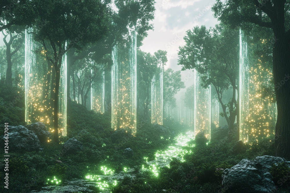 Obraz premium Enchanted forest filled with glowing lights and magical atmosphere at night