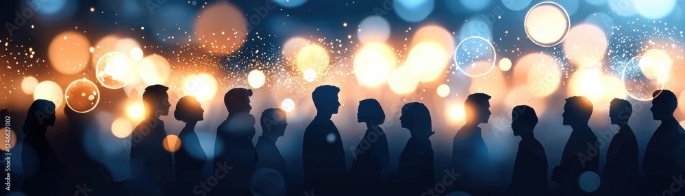 Silhouettes of people against a colorful, bokeh background, creating a festive and vibrant atmosphere. Silhouettes of people against a colorful, bokeh background, creating a festive and vibrant atmosphere.