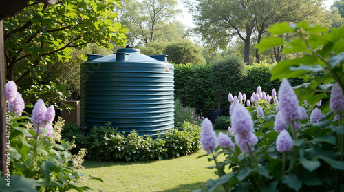 Water storage tank surrounded by vibrant flowers and lush greenery in a peaceful garden setting