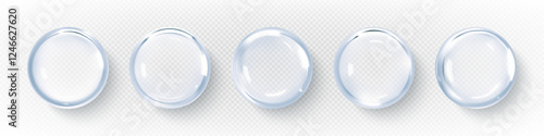Collagen clear drops. Hyaluronic acid bubbles. Cosmetic serum or essence. Skincare product. Vector illustration