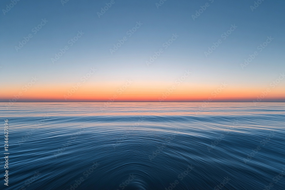 Obraz premium Sunset over calm ocean waters creates a serene atmosphere with vibrant colors on the horizon