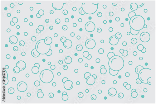 Bubbles vector seamless pattern with flat line icons. Blue white color soap texture. Fizzy water background, abstract  effect pattren