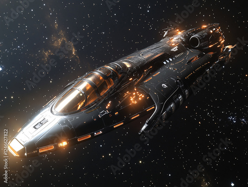 Wallpaper Mural futuristic spaceship in outer space. The spacecraft has a sleek, elongated design with multiple windows and intricate paneling, glowing lights, and a prominent cockpit area.  Torontodigital.ca