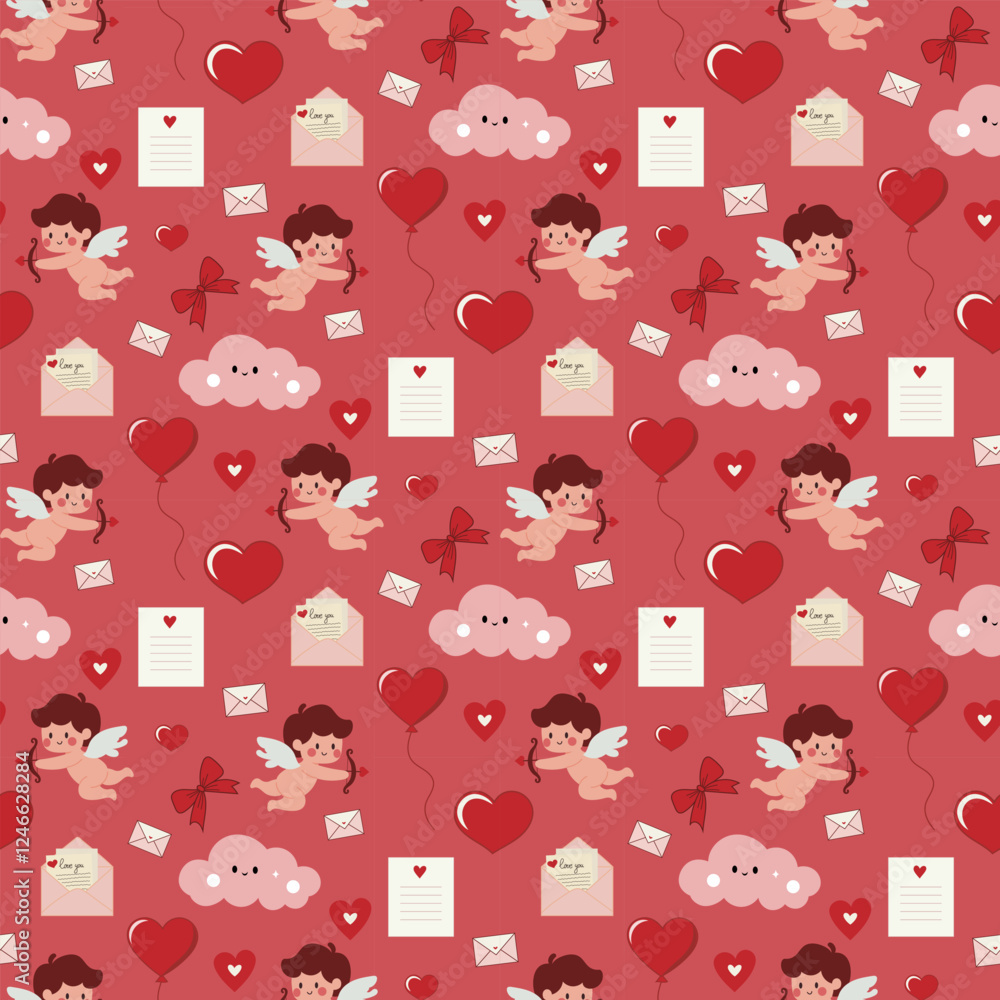 Obraz premium Valentine’s Day pattern with cupids, clouds, hearts on a red background. Seamless background perfect for use in textiles, wallpapers, and festive decorations.