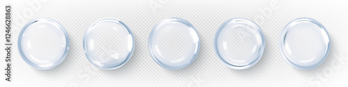 Collagen clear drops. Hyaluronic acid bubbles. Cosmetic serum or essence. Skincare product. Vector illustration