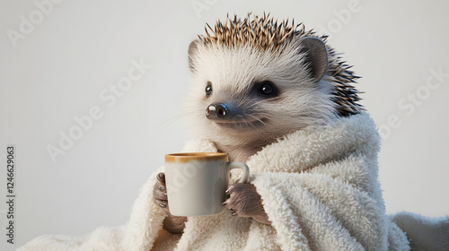 A smiling hedgehog wrapped in a fluffy bathrobe can be used in advertising, social media content,  shops, artistic works, video content, advertising campaigns, relaxation products,