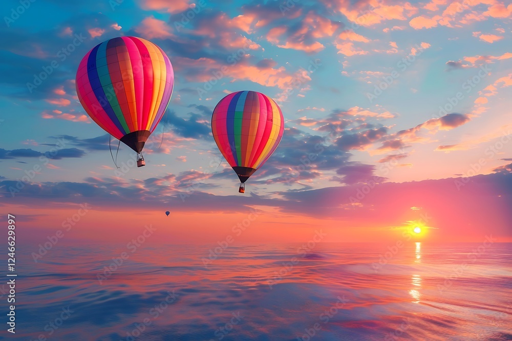 Fototapeta premium Hot air balloons over the sea at sunset. 3d render illustration