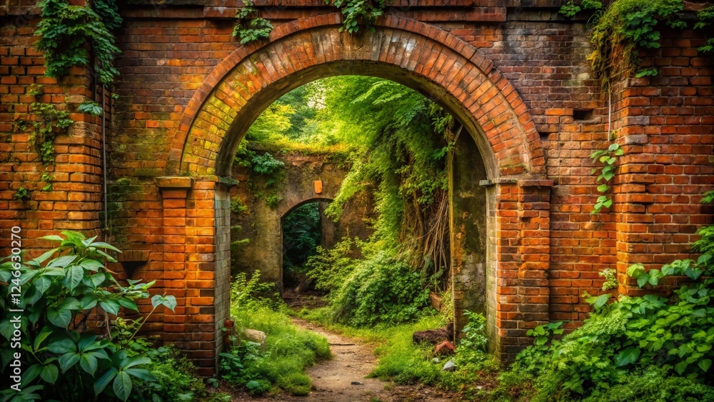 Fototapeta premium Abandoned Archway Entrance, Urban Exploration, Decaying Brickwork, Overgrown, Mysterious