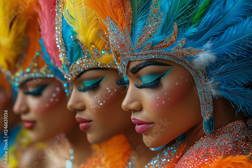 Photo de détails de costumes de carnaval avec paillettes, strass et plumes colorées. broderies fleurs et perles. costume, mode, vêtement, déguisement, habit,  photo