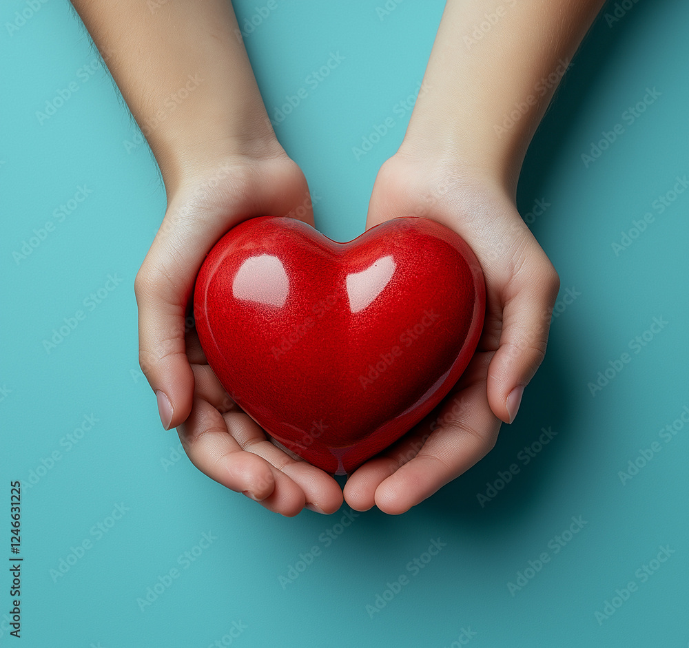 Obraz premium Hands of an adult and child holding a red heart against a light blue background, symbolizing love, care, and health. Ideal for World Health Day themes, this high-quality image conveys compassion, well