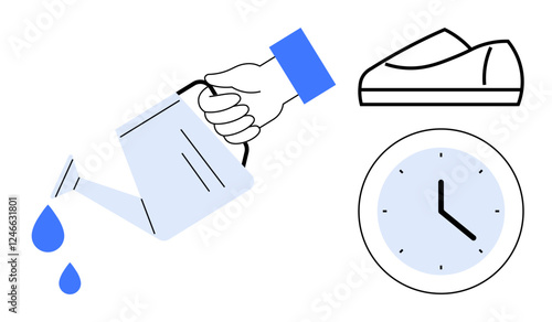 Hand pouring water from a watering can with two blue drops next to a black and white clock and casual shoes. Ideal for time management, daily routine, productivity, wellness, balance, efficiency