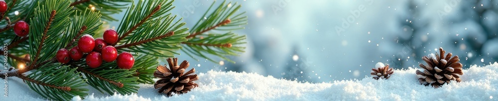 Pine branches, pinecones and red berries create a peaceful winter landscape, arrangement, landscape, festive Pine branches, pinecones and red berries create a peaceful winter landscape, arrangement, landscape, festive