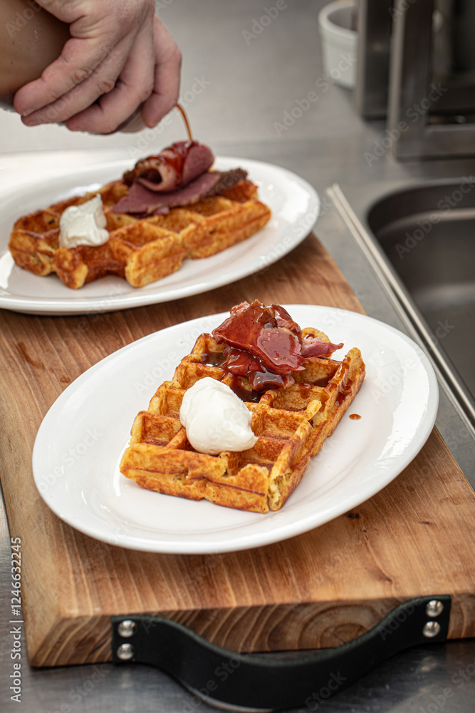 Chef pouring sauce on a savory brisket waffle breakfast Chef pouring sauce on a savory brisket waffle breakfast