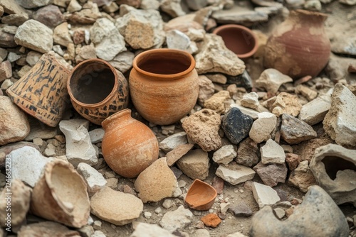 Ancient pottery artifacts scattered among stones at an archaeological excavation site photo