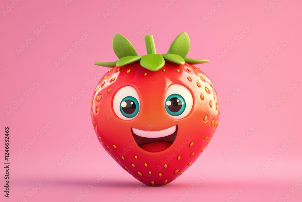 Obraz premium Happy Cartoon Strawberry Character with Big Eyes and Smiling Face on Pink Background