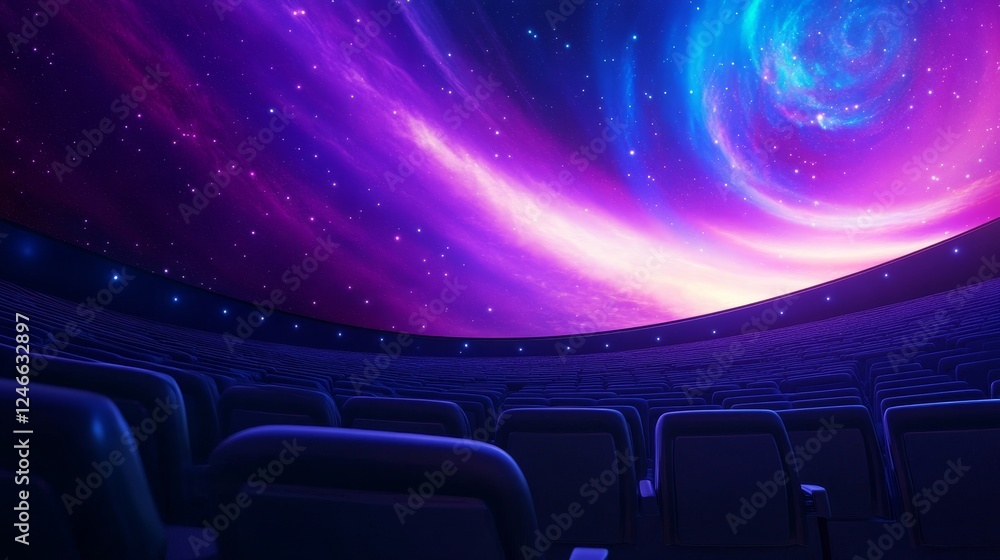 Fototapeta premium A vibrant cosmic scene projected in a modern planetarium, showcasing swirling galaxies and stars