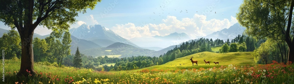 Fototapeta premium Serene Springtime Valley with Vivid Fields and Gentle Wildlife under a Clear Horizon