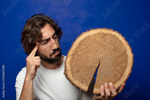 young adult bearded man with a wooden copy space photo