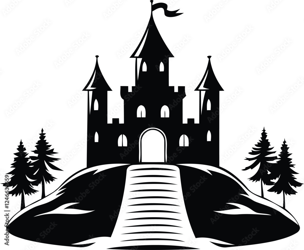 Obraz premium Modern premium quality Castle on a hill vector illustration design, Castle on a hill silhouette or line art vector design