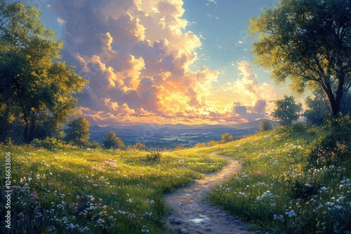 Winding Path Through Lush Green Fields Under Blue Sky in Tranquil Morning Light