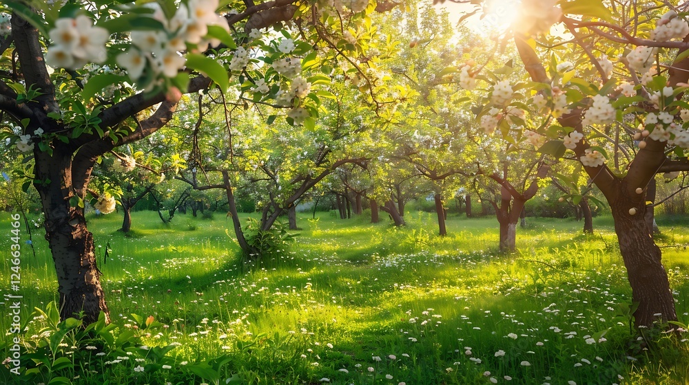 Naklejka premium Blossoming apple orchard in the rays of the setting sun