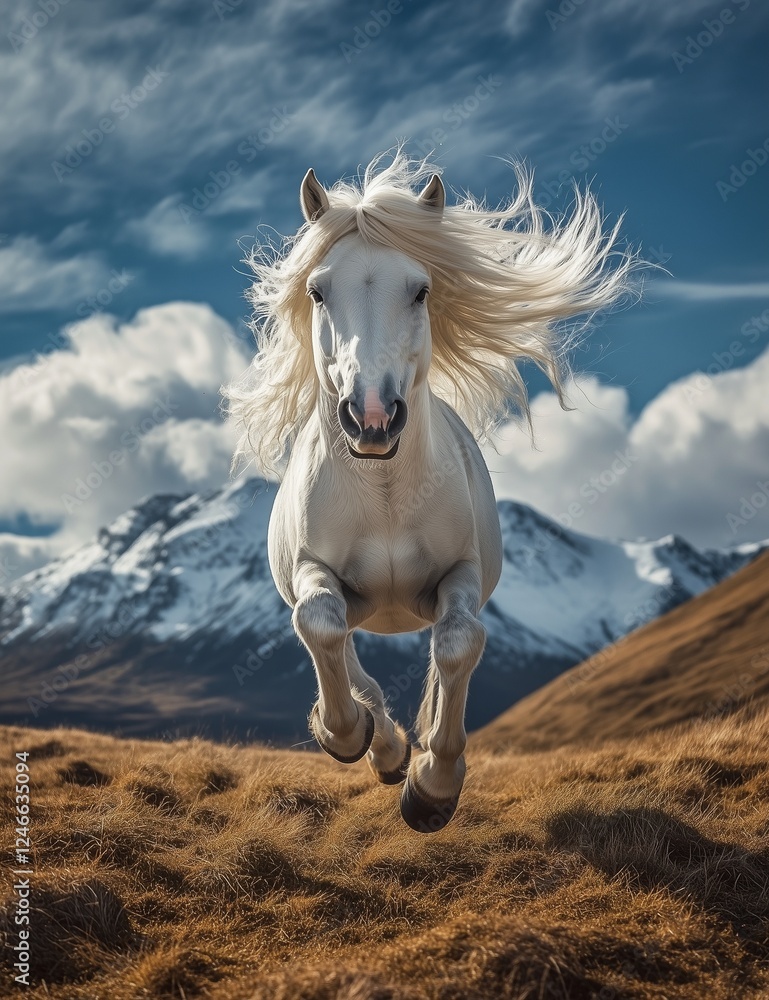 Obraz premium A white horse with long hair galloping in the sky