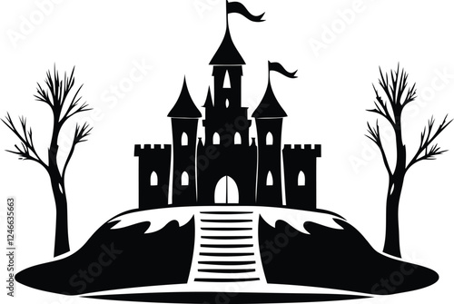 Modern premium quality Castle on a hill vector illustration design, Castle on a hill silhouette or line art vector design