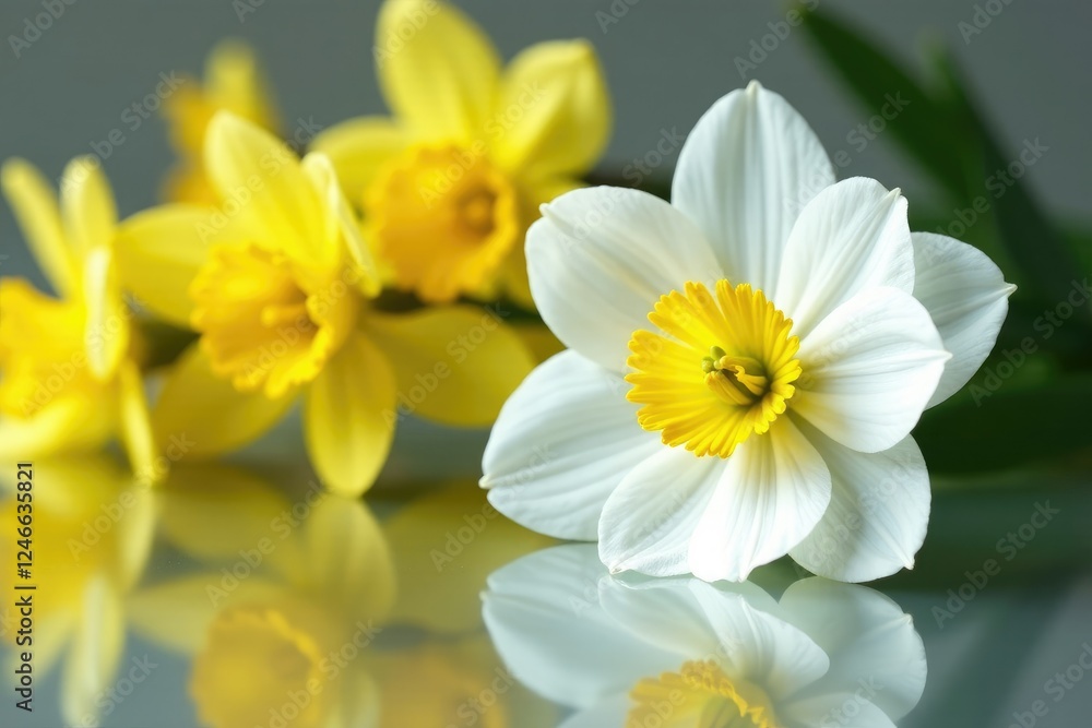 Obraz premium Delicate white anemone on a mirror background with yellow daffodil branches, decoration, anemone
