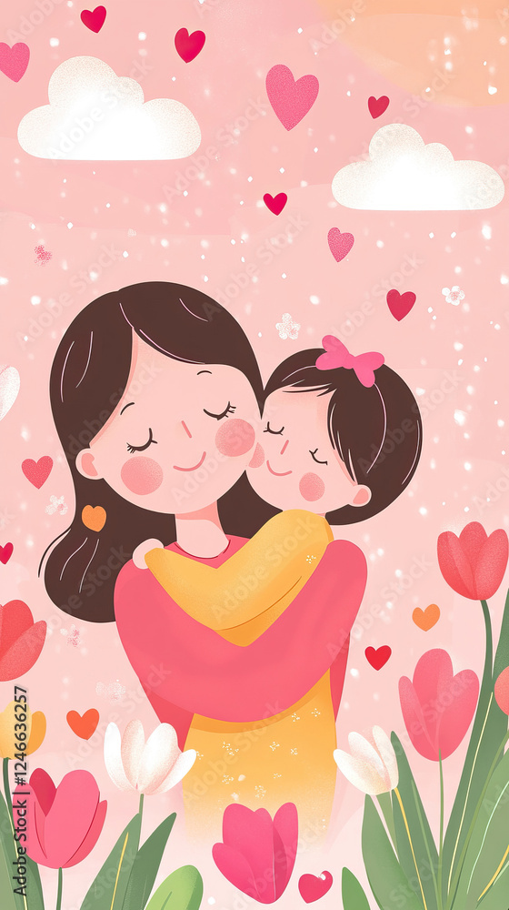 Mother and daughter embracing in a floral and heart background for mother's day card design Mother and daughter embracing in a floral and heart background for mother's day card design