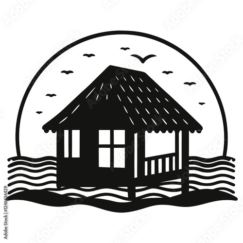 silhouette vector of a small hut near a sunrise beach