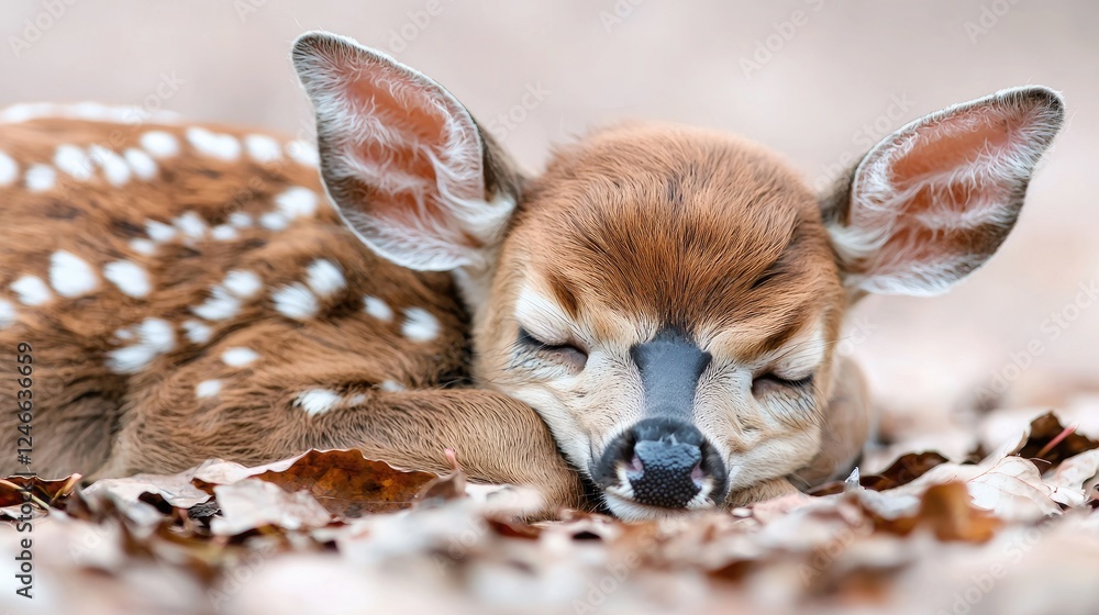 Obraz premium Sleeping fawn amidst autumn leaves, forest background, wildlife photography