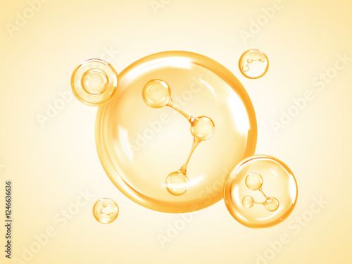 Transparent liquid сosmetic oil bubbles with molecules inside. Collagen skin serum. Cosmetic essence. Hyaluronic acid bubbles. Skincare product. Concept skin care cosmetics solution