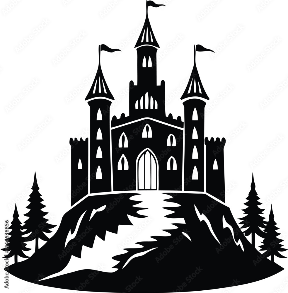 Obraz premium Modern premium quality Castle on a hill vector illustration design, Castle on a hill silhouette or line art vector design