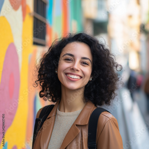 A woman with curly black hair smiling while walking down the street, wearing casual clothes, with a bright and vibrant cityscape in the background photo