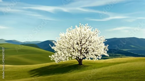 White blossom tree in lush green field blue sky