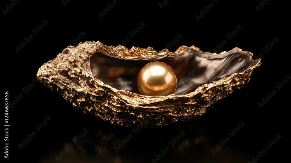Elegant Golden Pearl Nestled in Luxurious Oyster Shell on Black Background Elegant Golden Pearl Nestled in Luxurious Oyster Shell on Black Background