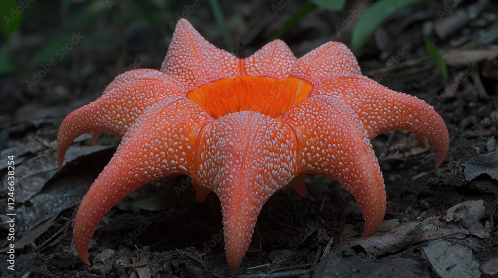 Orange starfish flower blooming rainforest floor Orange starfish flower blooming rainforest floor