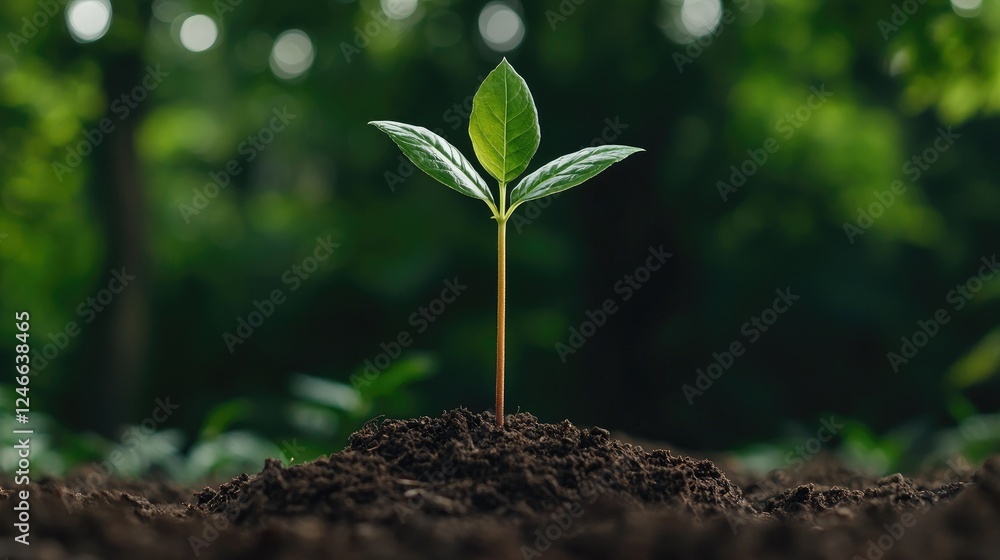 Seedling sprouts in rich soil, forest background; nature growth Seedling sprouts in rich soil, forest background; nature growth