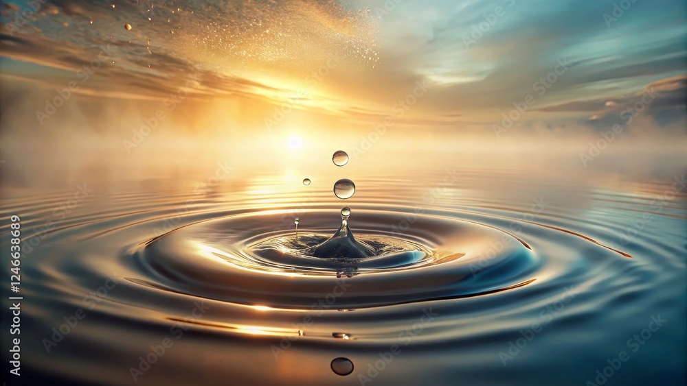 Serene Water Reflection at Sunset with Droplets and Rippling Effects Serene Water Reflection at Sunset with Droplets and Rippling Effects