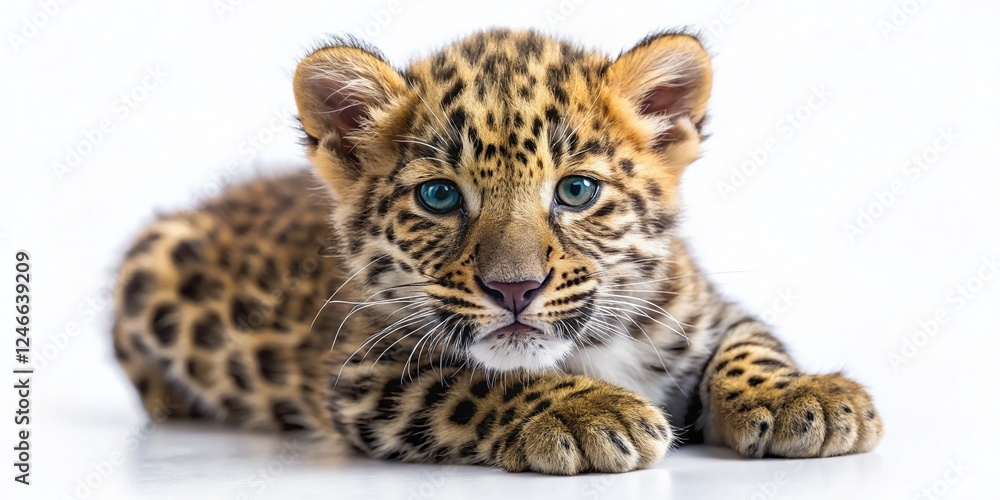 Naklejka premium Adorable Amur Leopard Cub, Isolated White Background, Tilt-Shift Miniature Effect
