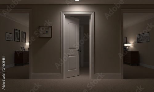 Open door in dimly lit hallway with two bedrooms on either side at night