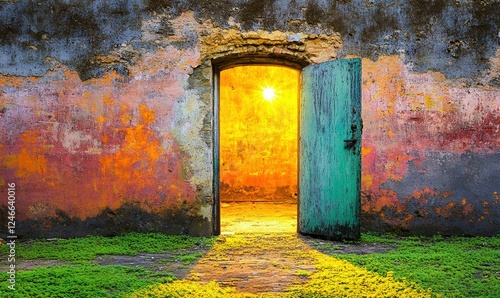 Open door in old colorful wall with bright light shining from inside onto a mossy path