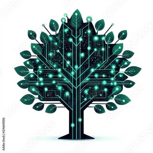 A stylized digital tree with circuit patterns and glowing elements, symbolizing the fusion of nature and technology.