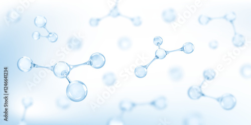 3D molecules or atoms on light blue background. Concept of biochemical, pharmaceutical, beauty, medical. Science or medical background. Vector 3d illustration