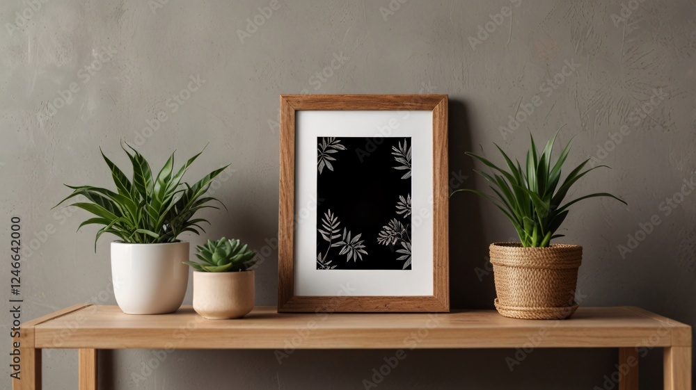 Minimalist Botanical Art Display Featuring Indoor Plants and Rustic Frame Minimalist Botanical Art Display Featuring Indoor Plants and Rustic Frame