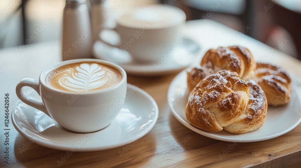 A young couple enjoying cappuccinos and pastries during a weekend brunch date. A young couple enjoying cappuccinos and pastries during a weekend brunch date.