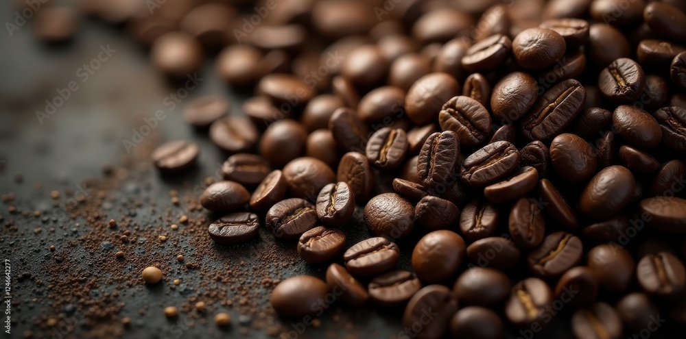 Fototapeta premium Rough, oily surface of dark roasted coffee beans, dark brown, espresso, ingredient