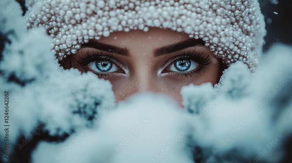 Close-Up of Woman's Face Surrounded by Winter Snowflakes and Frost Close-Up of Woman's Face Surrounded by Winter Snowflakes and Frost