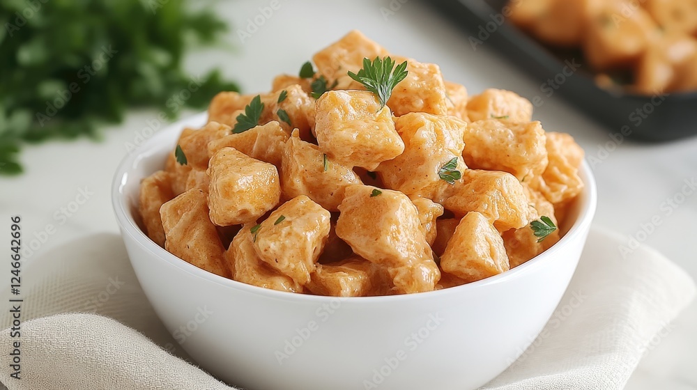 Delicious macaroni and cheese in a white bowl, garnished with parsley, placed on a soft, neutral linen napkin Delicious macaroni and cheese in a white bowl, garnished with parsley, placed on a soft, neutral linen napkin